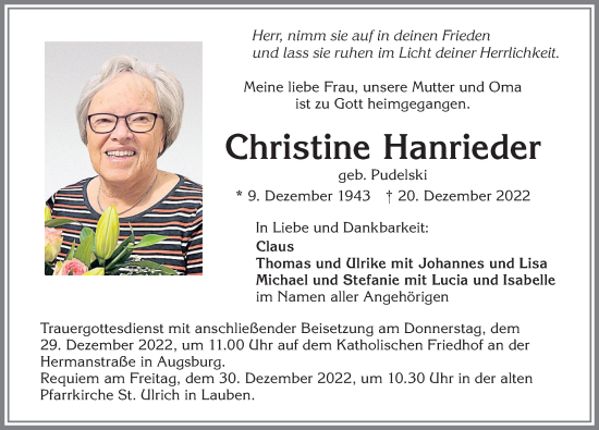 Traueranzeige von Christine Hanrieder von Allgäuer Zeitung,Kempten
