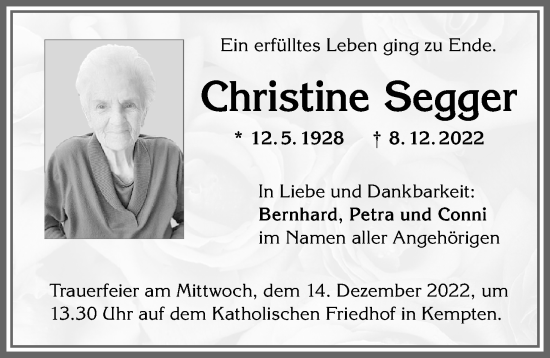 Traueranzeige von Christine Segger von Allgäuer Zeitung,Kempten