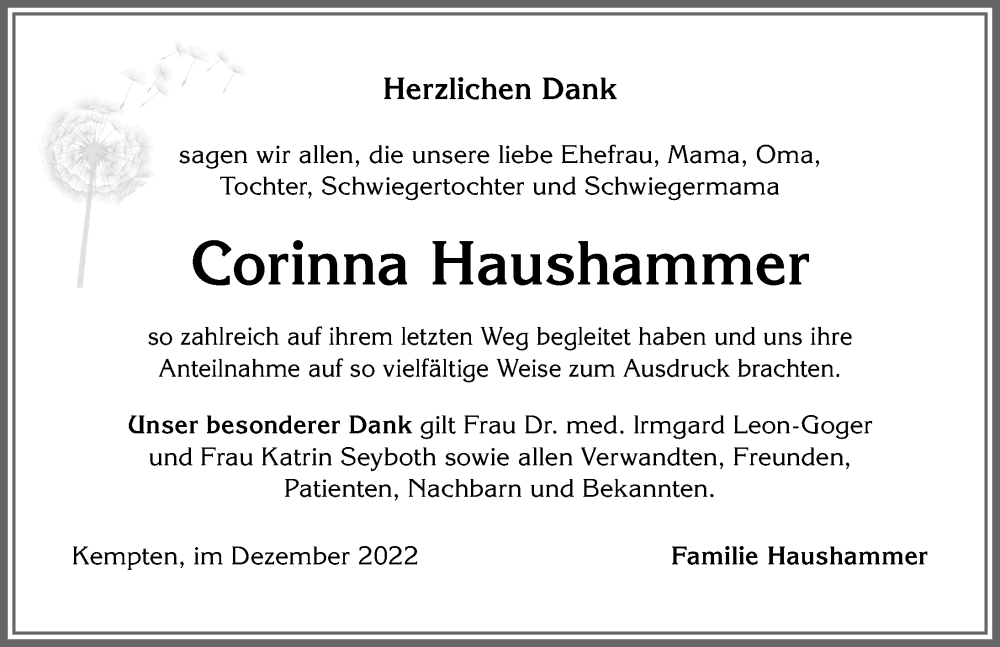  Traueranzeige für Corinna Haushammer vom 31.12.2022 aus Allgäuer Zeitung,Kempten