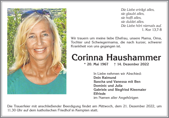 Traueranzeige von Corinna Haushammer von Allgäuer Zeitung,Kempten