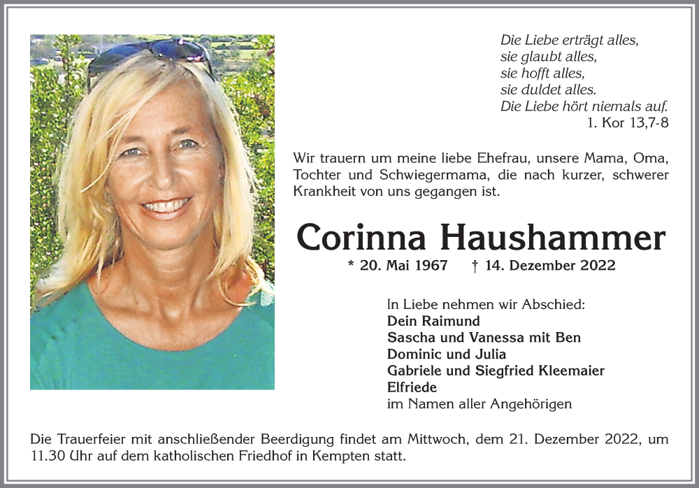  Traueranzeige für Corinna Haushammer vom 17.12.2022 aus Allgäuer Zeitung,Kempten