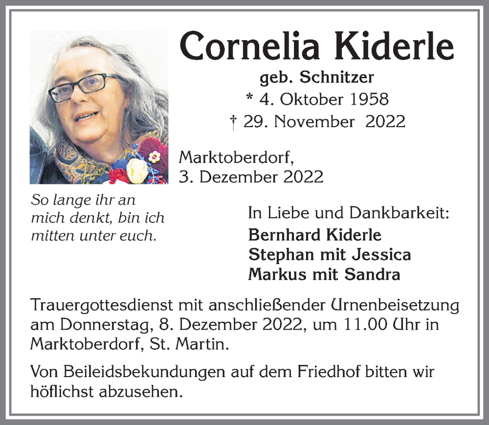  Traueranzeige für Cornelia Kiderle vom 03.12.2022 aus Allgäuer Zeitung, Marktoberdorf