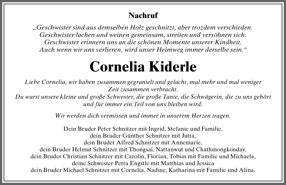  Traueranzeige für Cornelia Kiderle vom 08.12.2022 aus Allgäuer Zeitung, Marktoberdorf