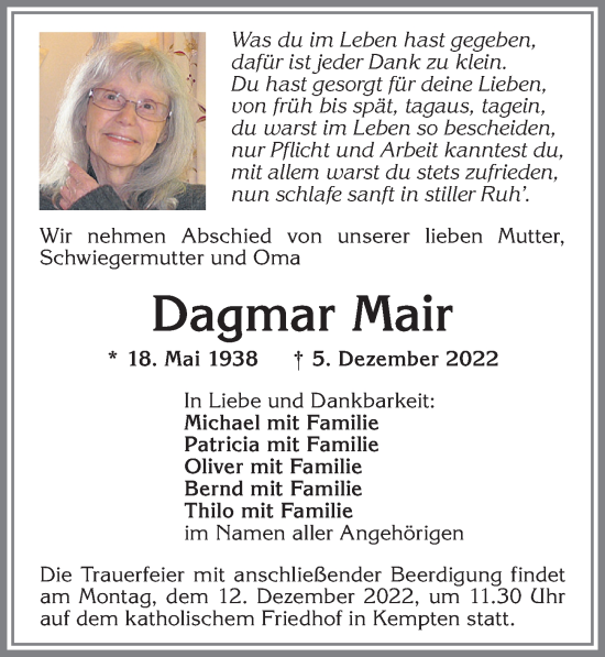 Traueranzeige von Dagmar Mair von Allgäuer Zeitung,Kempten