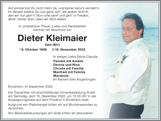 Traueranzeige von Dieter Kleimaier von Memminger Zeitung