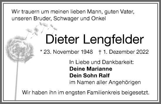 Traueranzeige von Dieter Lengfelder von Memminger Zeitung
