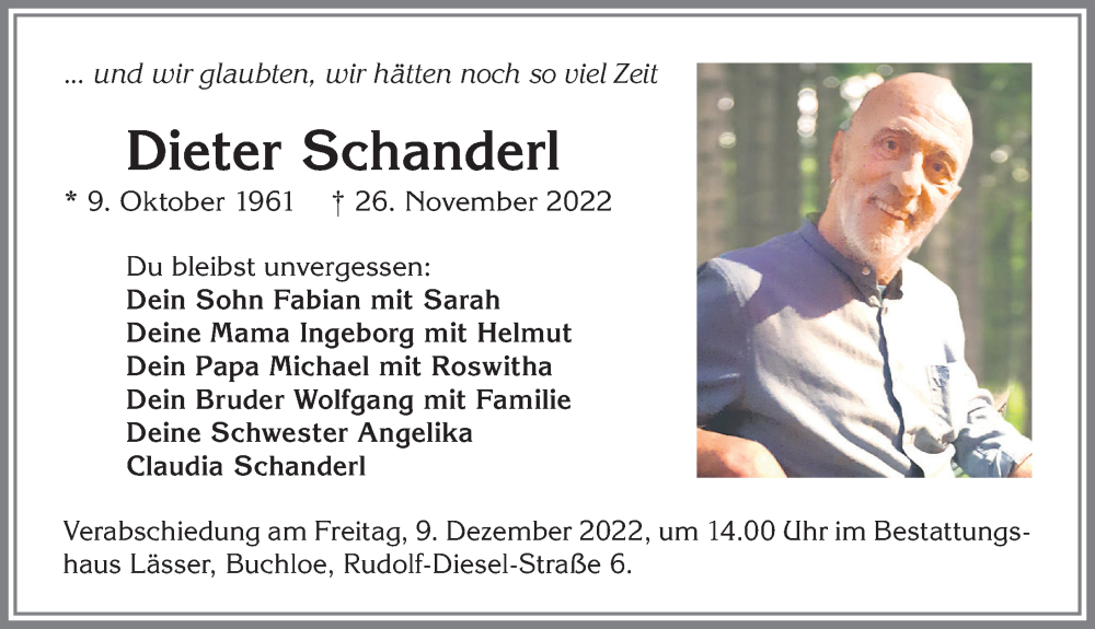  Traueranzeige für Dieter Schanderl vom 03.12.2022 aus Allgäuer Zeitung, Kaufbeuren/Buchloe