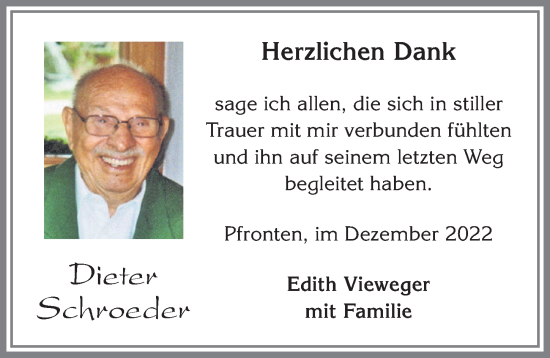 Traueranzeige von Dieter Schroeder von Allgäuer Zeitung, Füssen