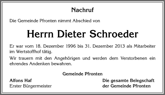 Traueranzeige von Dieter Schroeder von Allgäuer Zeitung, Füssen
