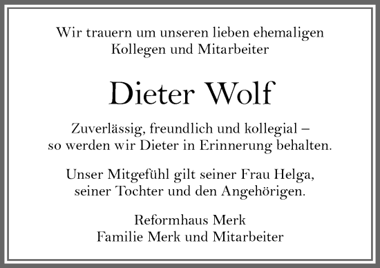 Traueranzeige von Dieter Wolf von Allgäuer Zeitung, Kaufbeuren/Buchloe