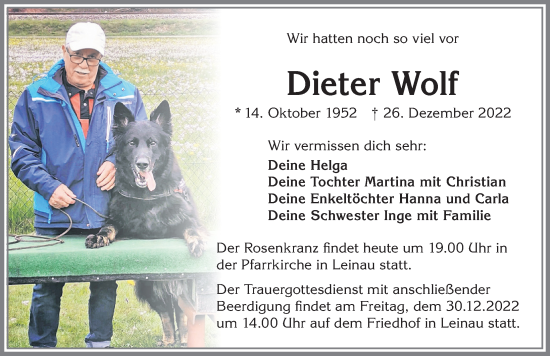 Traueranzeige von Dieter Wolf von Allgäuer Zeitung, Kaufbeuren/Buchloe