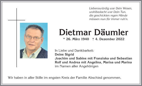 Traueranzeige von Dietmar Däumler von Allgäuer Anzeigeblatt