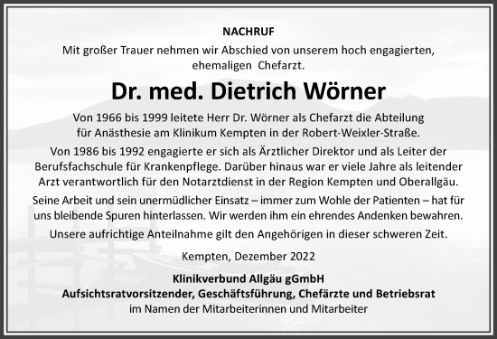 Traueranzeige von Dietrich Wörner von Allgäuer Zeitung,Kempten
