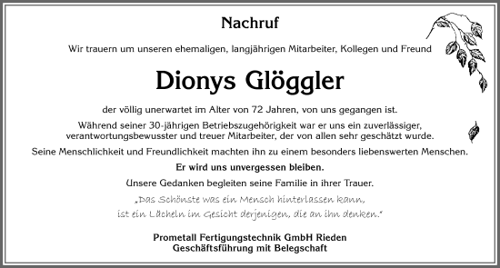 Traueranzeige von Dionys Glöggler von Allgäuer Zeitung, Füssen