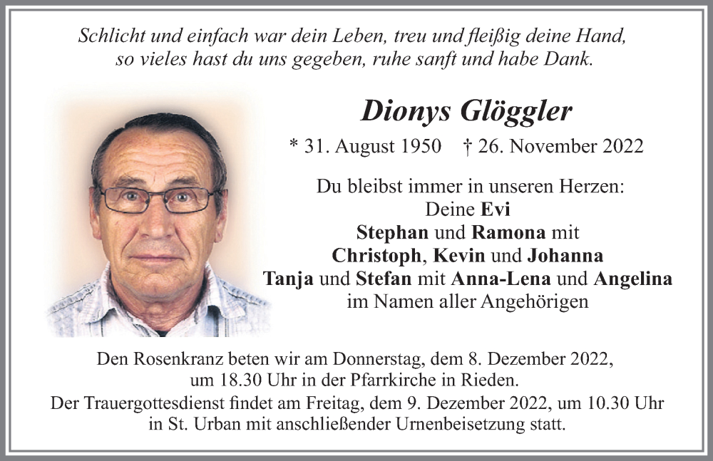  Traueranzeige für Dionys Glöggler vom 03.12.2022 aus Allgäuer Zeitung, Füssen