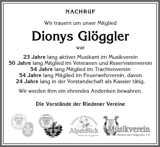 Traueranzeige von Dionys Glöggler von Allgäuer Zeitung, Füssen
