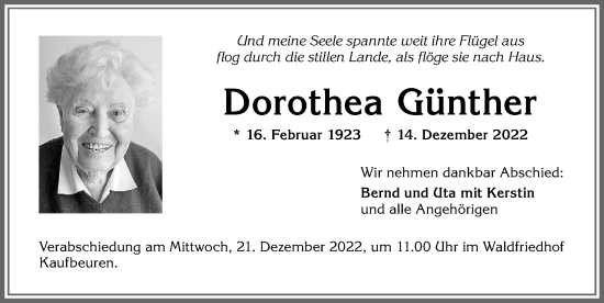 Traueranzeige von Dorothea Günther von Allgäuer Zeitung, Kaufbeuren/Buchloe