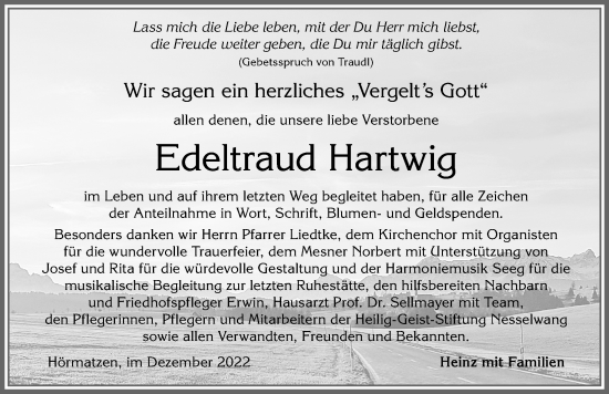 Traueranzeige von Edeltraud Hartwig von Allgäuer Zeitung, Füssen