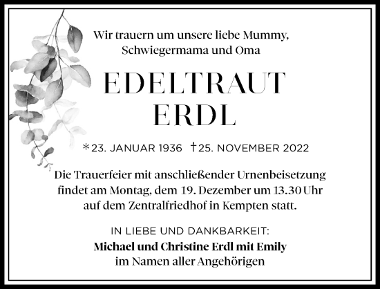 Traueranzeige von Edeltraut Erdl von Allgäuer Zeitung,Kempten