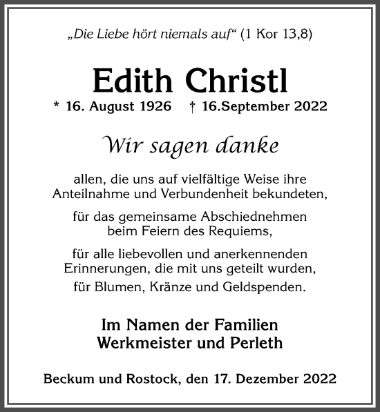 Traueranzeige von Edith Christl von Allgäuer Zeitung, Kaufbeuren/Buchloe