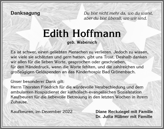 Traueranzeige von Edith Hoffmann von Allgäuer Zeitung, Kaufbeuren/Buchloe