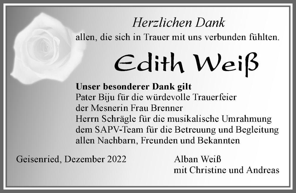  Traueranzeige für Edith Weiß vom 10.12.2022 aus Allgäuer Zeitung, Marktoberdorf