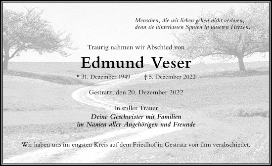 Traueranzeige von Edmund Veser von Der Westallgäuer