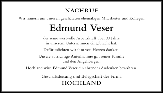 Traueranzeige von Edmund Veser von Der Westallgäuer