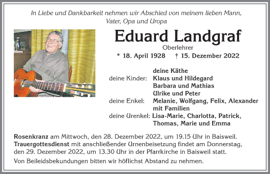Traueranzeige von Eduard Landgraf von Allgäuer Zeitung, Kaufbeuren/Buchloe