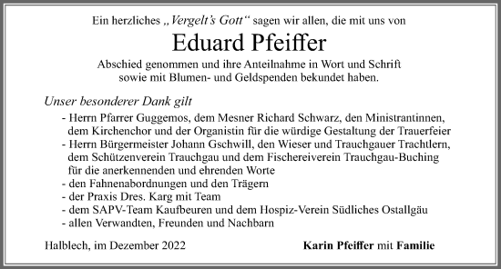 Traueranzeige von Eduard Pfeiffer von Allgäuer Zeitung, Füssen