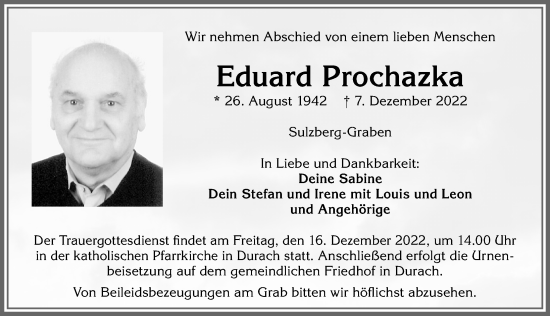Traueranzeige von Eduard Prochazka von Allgäuer Zeitung,Kempten