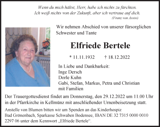 Traueranzeige von Elfriede Bertele von Augsburger Allgemeine, Illertisser Zeitung