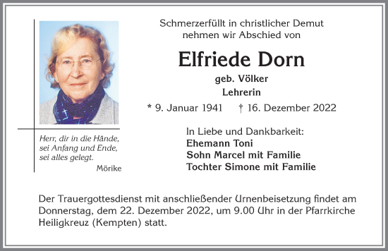 Traueranzeige von Elfriede Dorn von Allgäuer Zeitung,Kempten