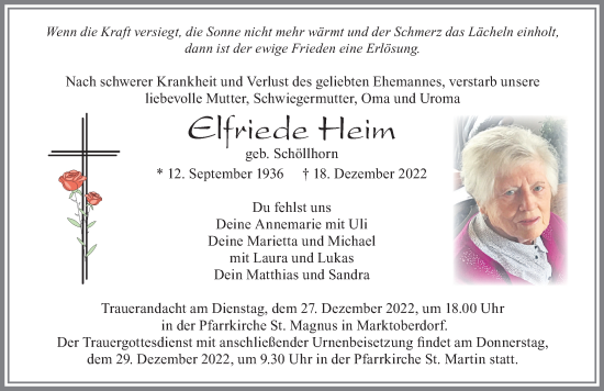 Traueranzeige von Elfriede Heim von Allgäuer Zeitung, Marktoberdorf