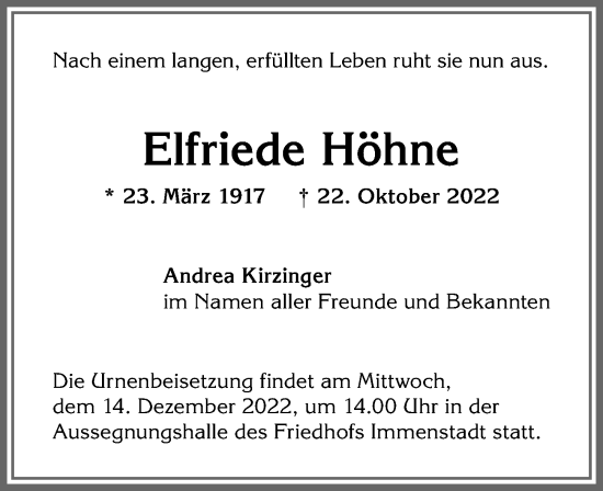 Traueranzeige von Elfriede Höhne von Allgäuer Anzeigeblatt
