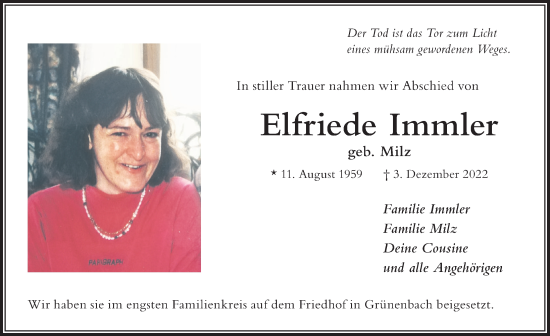 Traueranzeige von Elfriede Immler von Der Westallgäuer