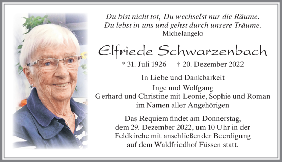 Traueranzeige von Elfriede Schwarzenbach von Allgäuer Zeitung, Füssen
