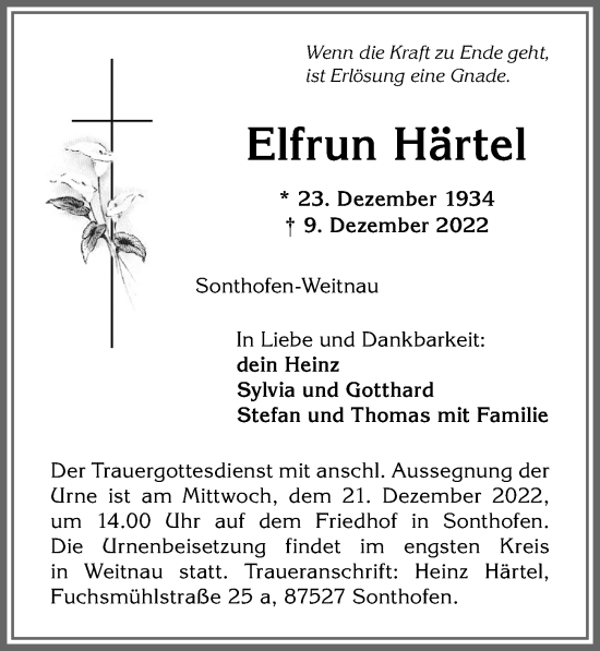 Traueranzeige von Elfrun Härtel von Allgäuer Anzeigeblatt
