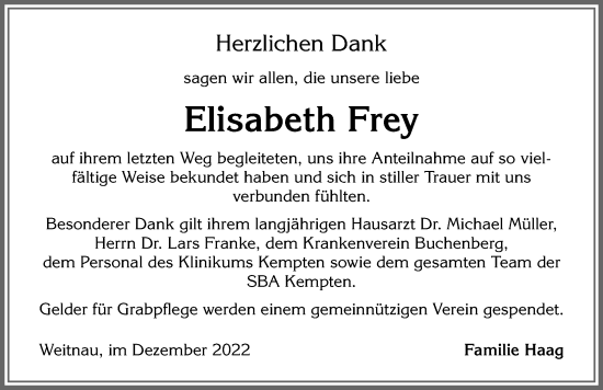 Traueranzeige von Elisabeth Frey von Allgäuer Zeitung,Kempten