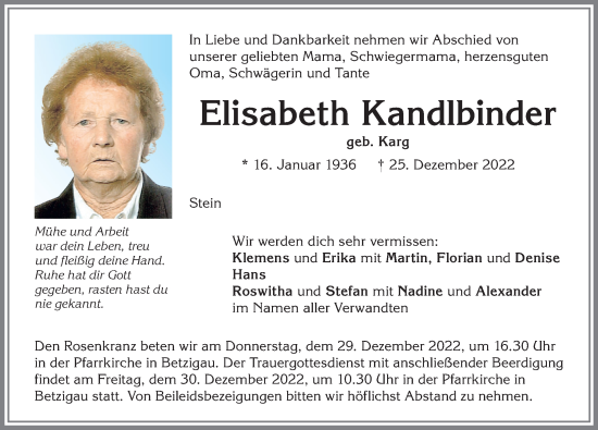 Traueranzeige von Elisabeth Kandlbinder von Allgäuer Zeitung,Kempten