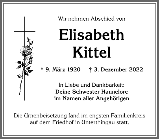 Traueranzeige von Elisabeth Kittel von Allgäuer Zeitung, Marktoberdorf