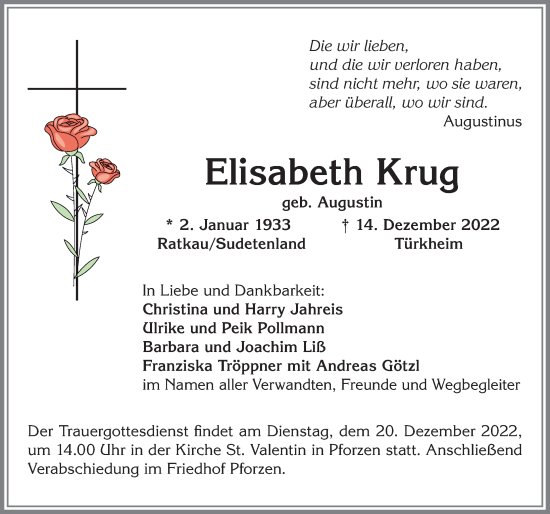 Traueranzeige von Elisabeth Krug von Allgäuer Zeitung, Kaufbeuren/Buchloe