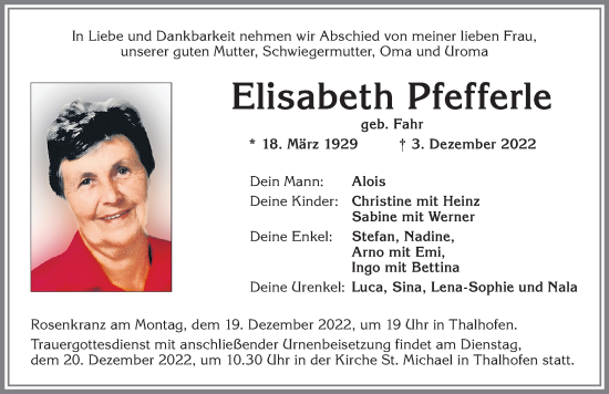 Traueranzeige von Elisabeth Pfefferle von Allgäuer Zeitung, Marktoberdorf