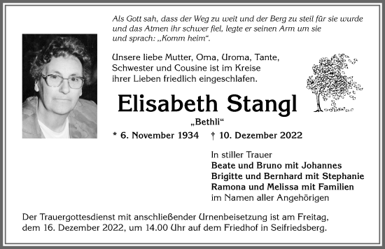 Traueranzeige von Elisabeth Stangl von Allgäuer Anzeigeblatt