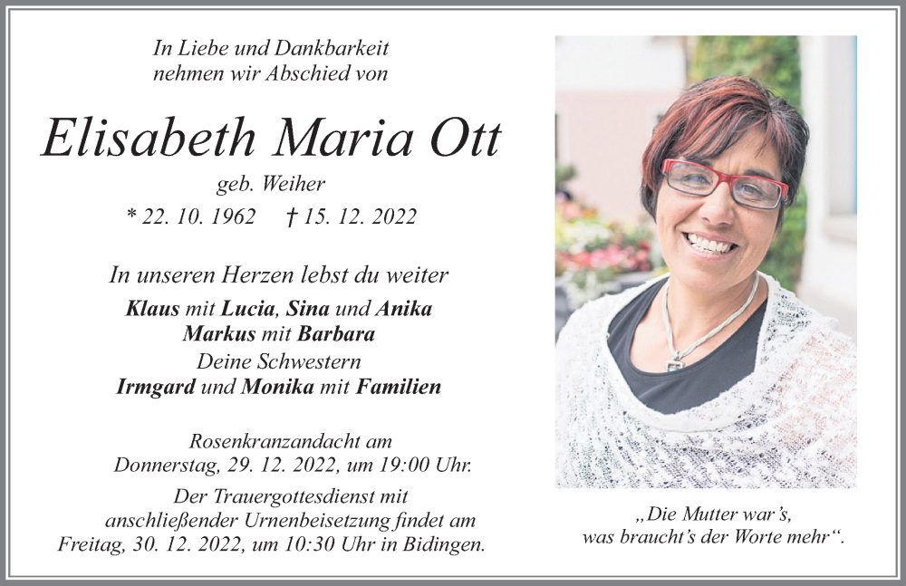  Traueranzeige für Elisabeth Maria Ott vom 27.12.2022 aus Allgäuer Zeitung, Marktoberdorf