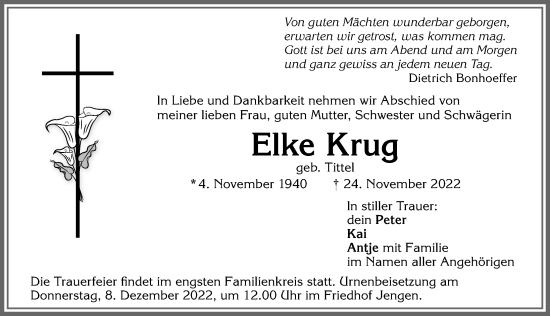 Traueranzeige von Elke Krug von Allgäuer Zeitung, Kaufbeuren/Buchloe