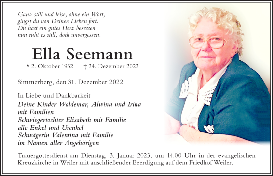 Traueranzeige von Ella Seemann von Der Westallgäuer
