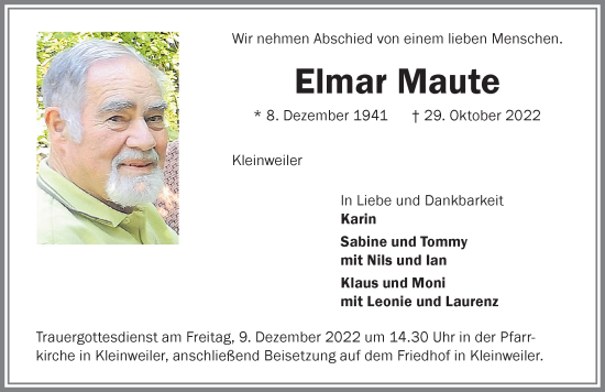 Traueranzeige von Elmar Maute von Allgäuer Zeitung,Kempten
