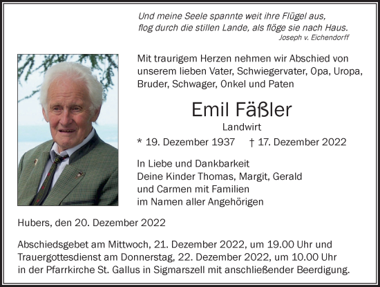 Traueranzeige von Emil Fäßler von Der Westallgäuer