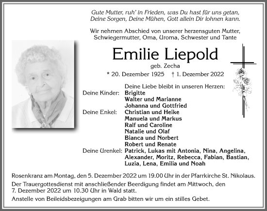 Traueranzeige von Emilie Liepold von Allgäuer Zeitung, Marktoberdorf